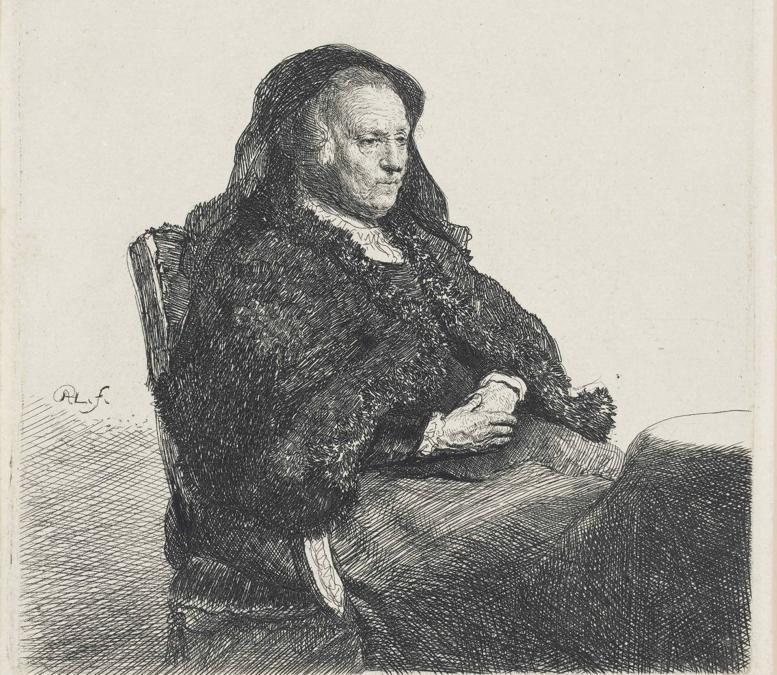 The Artist's Mother, by Rembrandt van Rijn, seated at a table, looking right, etching, c.1631, on laid paper, 14.9cm by 13.1cm