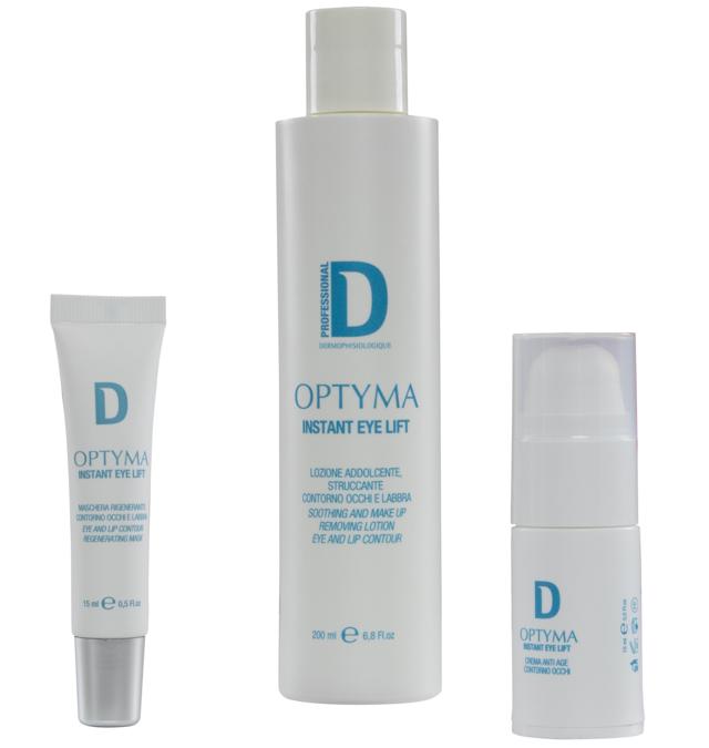 Dermophisologique OPTYMA Instant Eye Lift, tre nuovi e performanti prodotti per il contorno occhi, Crema Antiage Contorno Occhi, con il Tripeptide KMK e Acido Ialuronico per ridurre le rughe e zampe di gallina, occhiaie e borse. Maschera Rigenerante Contorno Occhi E Labbra e Lozione Addolcente, Struccante Contorno Occhi E Labbra per la rimozione delicata del make up della zona perioculare