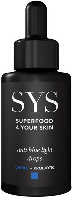Sys Anti Blue Light Drops, attivo concentrato specifico anti luce blu, con estratto di cacao e probiotici vegani , può essere anche mischiato alla crema abituale (nelle profumerie Douglas)