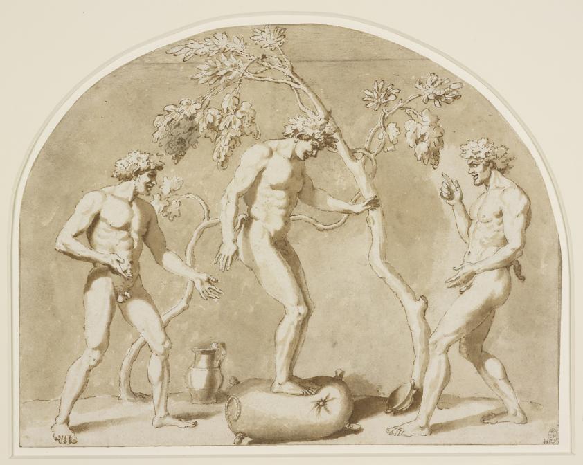 Nicolas Poussin. Satyrs Dancing on a Wineskin, about 1636. Graphite underdrawing, pen and brown ink, brown wash 24.7 x 31.8 cm. The Royal Collection / HM Queen Elizabeth II (RCIN 911992). Royal Collection Trust / © Her Majesty Queen Elizabeth II 2021