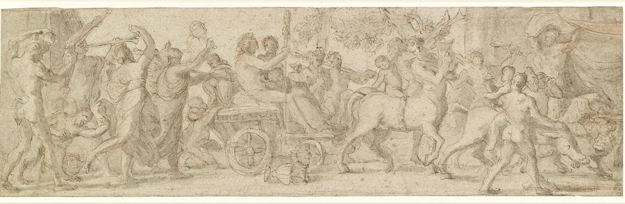 Nicolas Poussin The Triumph of Bacchus and Ariadne, about 1627 Pen and ink with wash over red chalk, on pale buff paper 12.6 x 42.5 cm The Royal Collection / HM Queen Elizabeth II (RCIN 911990) Royal Collection Trust / © Her Majesty Queen Elizabeth II 2021 