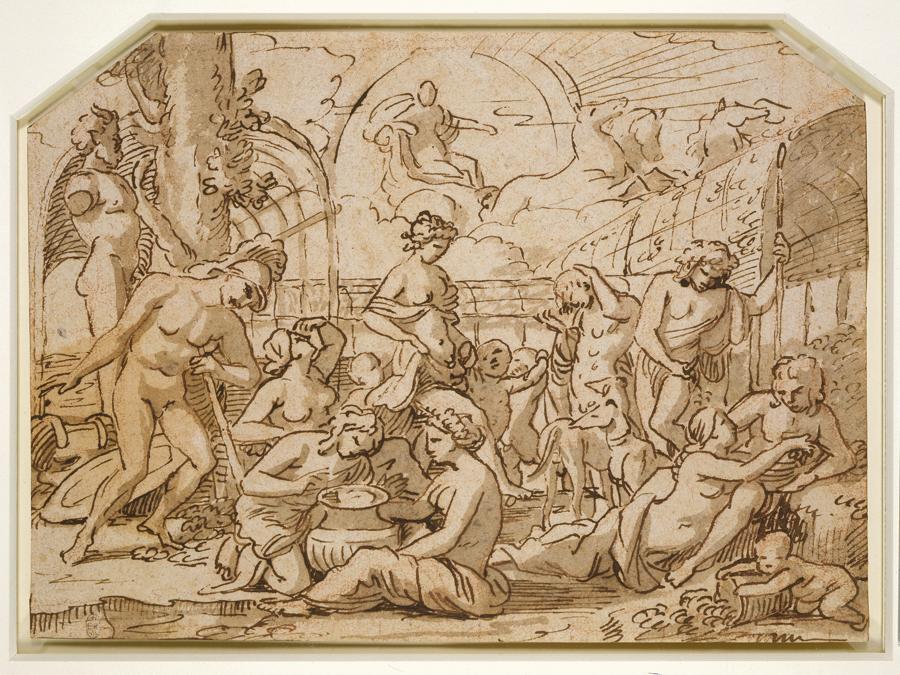 Nicolas Poussin Study for the Realm of Flora, about 1627 Pen and ink with wash over red chalk, on buff paper 21.1 x 29.9 cm The Royal Collection / HM Queen Elizabeth II (RCIN 911983) Royal Collection Trust / © Her Majesty Queen Elizabeth II 2021 