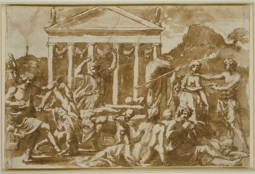 Nicolas Poussin Bacchanal before a Temple, about 1635-9 Black chalk, pen and brown ink, brown wash 20.8 x 31.6 cm The Royal Collection / HM Queen Elizabeth II (RCIN 911910) Royal Collection Trust / © Her Majesty Queen Elizabeth II 2021 