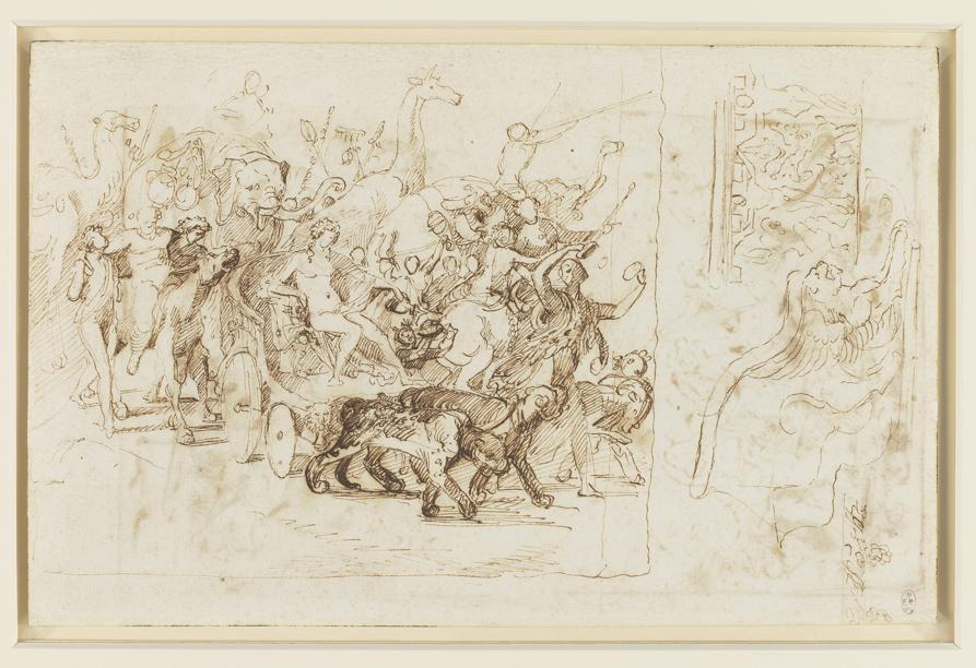 Nicolas Poussin Recto: The Triumph of Bacchus. Verso: The Triumph of Pan, about 1635-6 Pen and ink on paper 20.2 x 31.4 cm The Royal Collection / HM Queen Elizabeth II (RCIN 911905) Royal Collection Trust / © Her Majesty Queen Elizabeth II 2021 