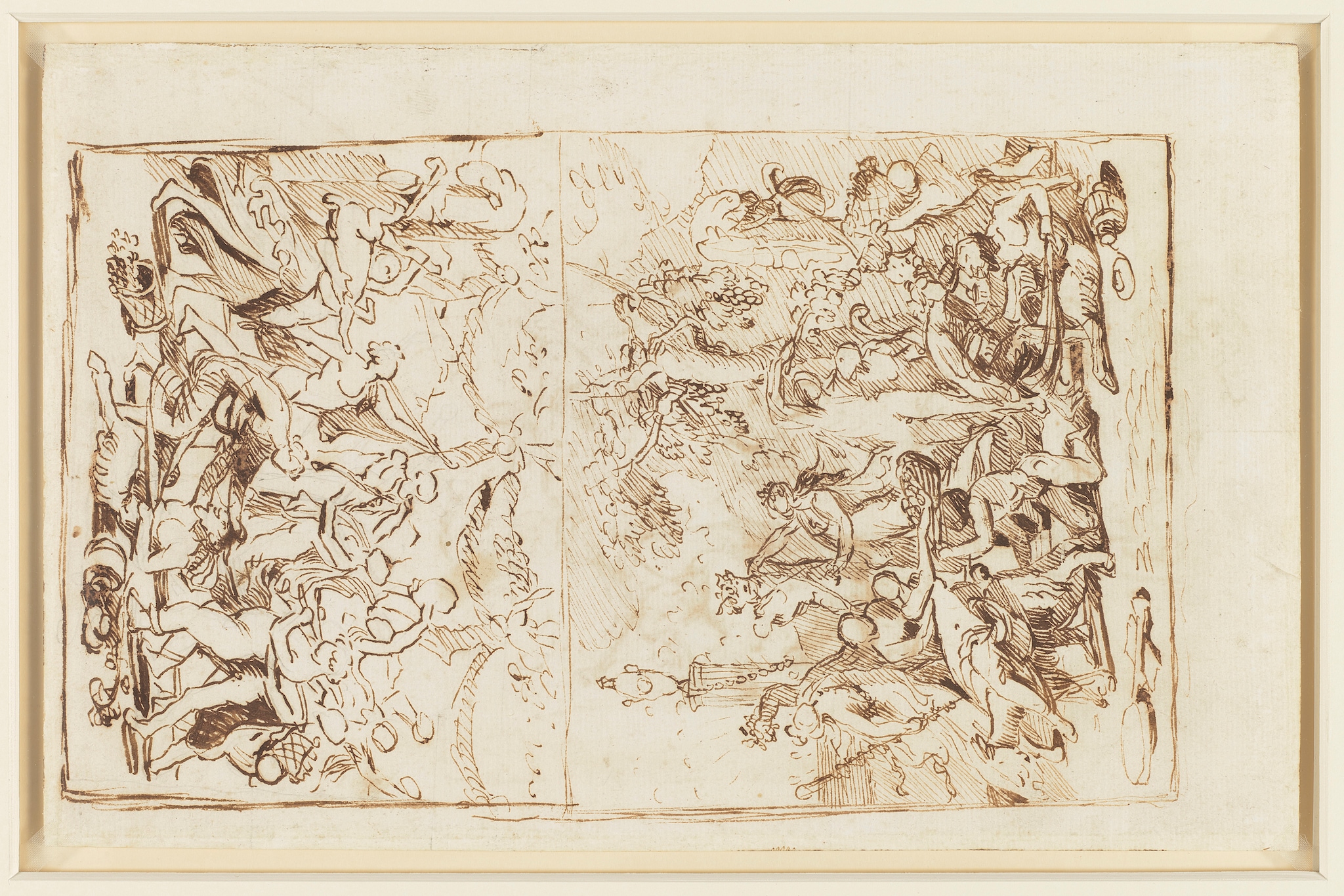 Nicolas Poussin Recto: The Triumph of Bacchus. Verso: The Triumph of Pan, about 1635-6 Pen and ink on paper 20.2 x 31.4 cm The Royal Collection / HM Queen Elizabeth II (RCIN 911905) Royal Collection Trust / © Her Majesty Queen Elizabeth II 2021 