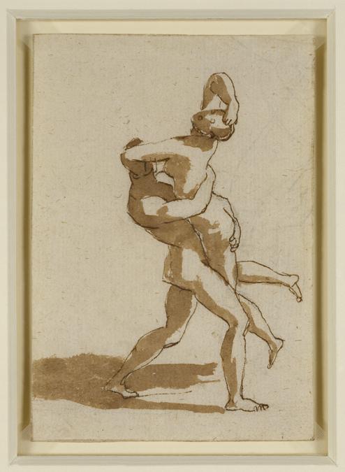 Nicolas Poussin Study for the Abduction of the Sabine Women, about 1633 Black chalk pen and brown ink brown wash 11.6 x 8.1 cm The Royal Collection / HM Queen Elizabeth II (RCIN 911904) Royal Collection Trust / © Her Majesty Queen Elizabeth II 2021 
