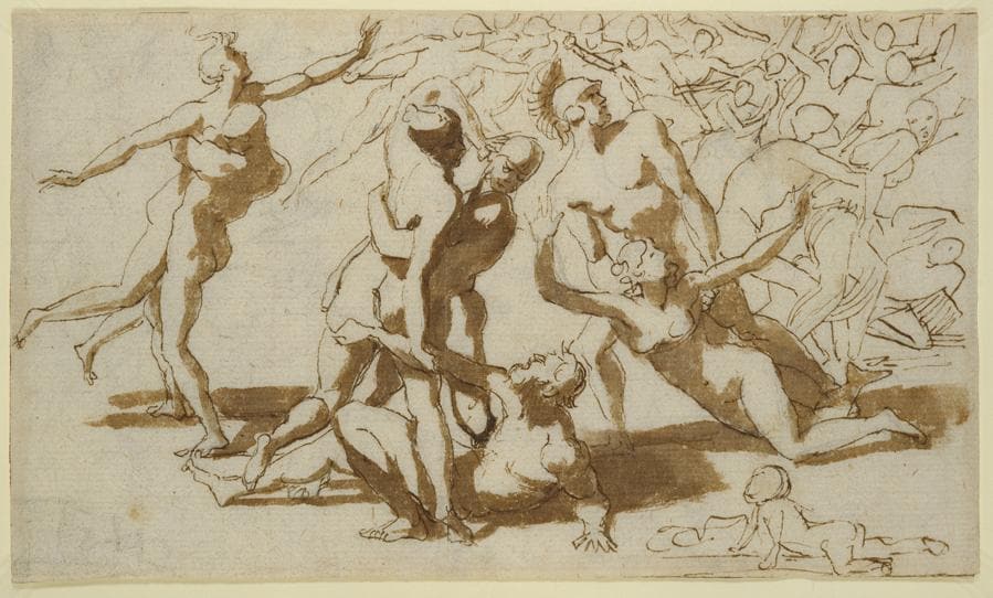 Nicolas Poussin The Rape of the Sabines, about 1633-4 Black chalk pen and brown ink brown wash 11.3 x 19.4 cm The Royal Collection / HM Queen Elizabeth II (RCIN 911903) Royal Collection Trust / © Her Majesty Queen Elizabeth II 2021 