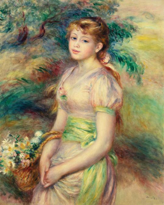 Pierre-Auguste Renoir, Jeune fille à la corbeille de fleurs, oil on canvas. Prezzo: $12,903,000 (£9,614,754). Stima: $6,000,000 - 8,000,000