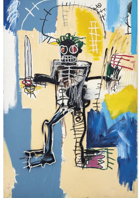 Jean-Michel Basquiat (1960-1988). Warrior, signed and dated ‘Jean-Michel Basquiat 1982' (on the reverse) acrylic, oilstick and spray paint on wood panel 72 x 48 in. (183 x 122 cm.) Painted in 1982. Price realised: HKD 323,600,000 / USD 41,857,351