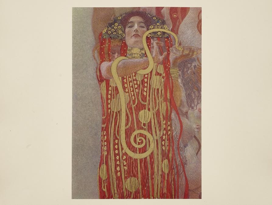 G.Klimt, Hygieia, particolare del quadro della facoltà La Medicina, Collotipia a colori dal portfolio del 1931 (G.Klimt 1900-1907) © Klimt Foundation, Vienna