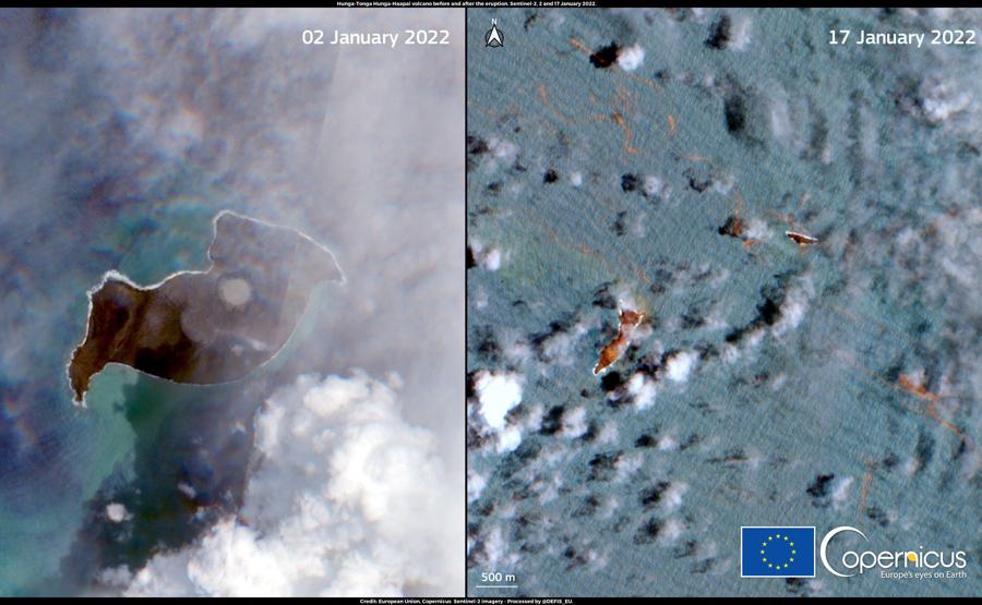 Questo volantino mostra una combinazione di immagini satellitari Copernicus Sentinel-2 rilasciate il 18 gennaio 2022 da Copernicus, il programma di osservazione della Terra dell’Unione europea, dell’isola in cui il vulcano Hunga-Tonga-Hunga-Ha’apai si trovava a Tonga il 2 gennaio, 2022 (immagine L); e poi il 17 gennaio 2022 (immagine R), due giorni dopo che una massiccia eruzione ha distrutto la maggior parte dell’isola il 15 gennaio, devastando molte delle isole vicine e provocando uno tsunami nell’Oceano Pacifico. (Photo by Handout / various sources / AFP)