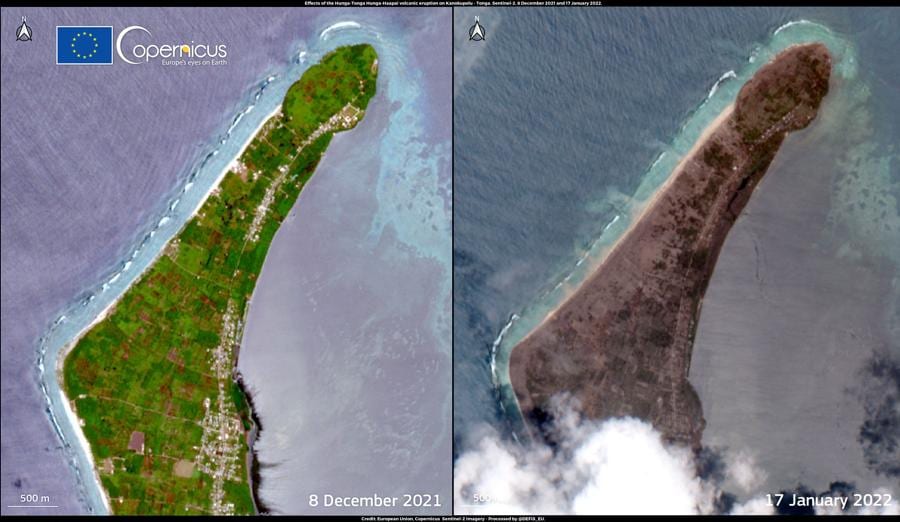 Questo volantino mostra una combinazione di immagini satellitari Copernicus Sentinel-2 rilasciate il 18 gennaio 2022 da Copernicus, il programma di osservazione della Terra dell’Unione europea, dell’isola in cui il vulcano Hunga-Tonga-Hunga-Ha’apai si trovava a Tonga il 2 gennaio, 2022 (immagine L); e poi il 17 gennaio 2022 (immagine R), due giorni dopo che una massiccia eruzione ha distrutto la maggior parte dell’isola il 15 gennaio, devastando molte delle isole vicine e provocando uno tsunami nell’Oceano Pacifico.(Photo by Handout / various sources / AFP)