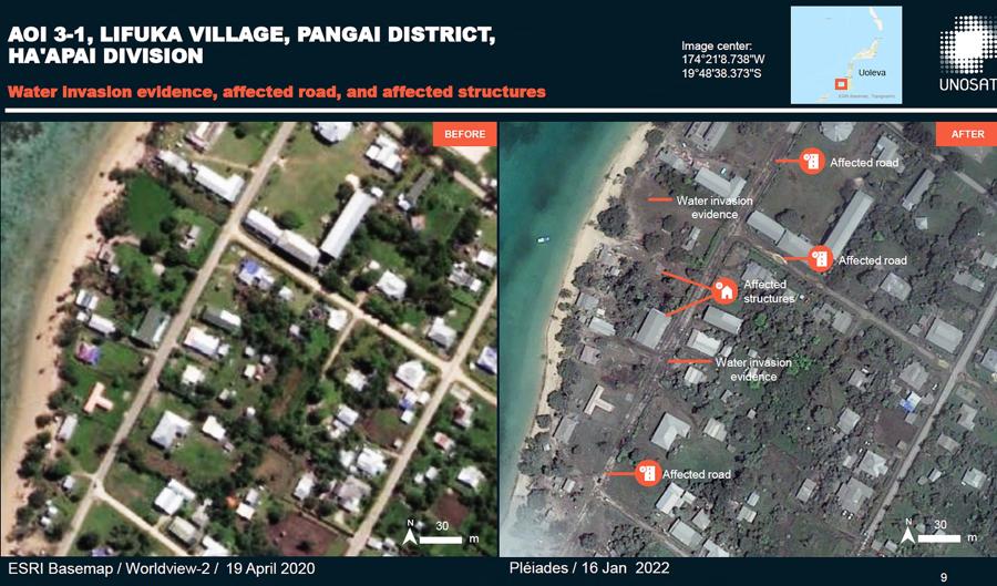 Questa immagine combinata della dispensa pubblicata il 17 gennaio 2022 dall’Istituto delle Nazioni Unite per la formazione e la ricerca (UNITAR) mostra un’immagine satellitare ESRI Basemap scattata il 19 aprile 2020 (L) di edifici a Pangai, Tonga, e un CNES/Airbus DS immagine satellitare presa il 16 gennaio 2022 (R) della stessa area ricoperta di cenere vulcanica in seguito all’eruzione del vulcano sottomarino Hunga Tonga-Hunga Ha’apai il 15 gennaio. (Photo by Handout / various sources / AFP)