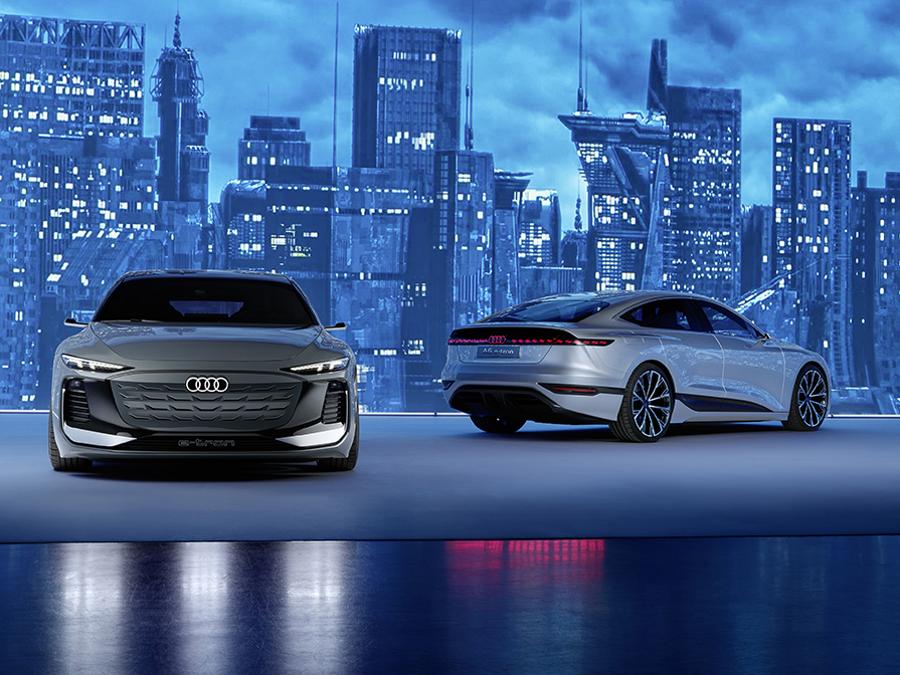 Audi A6 Avant e-tron concept, Colour: Neptune Valley. Audi A6 e-tron concept, Colour: Helio Silver.