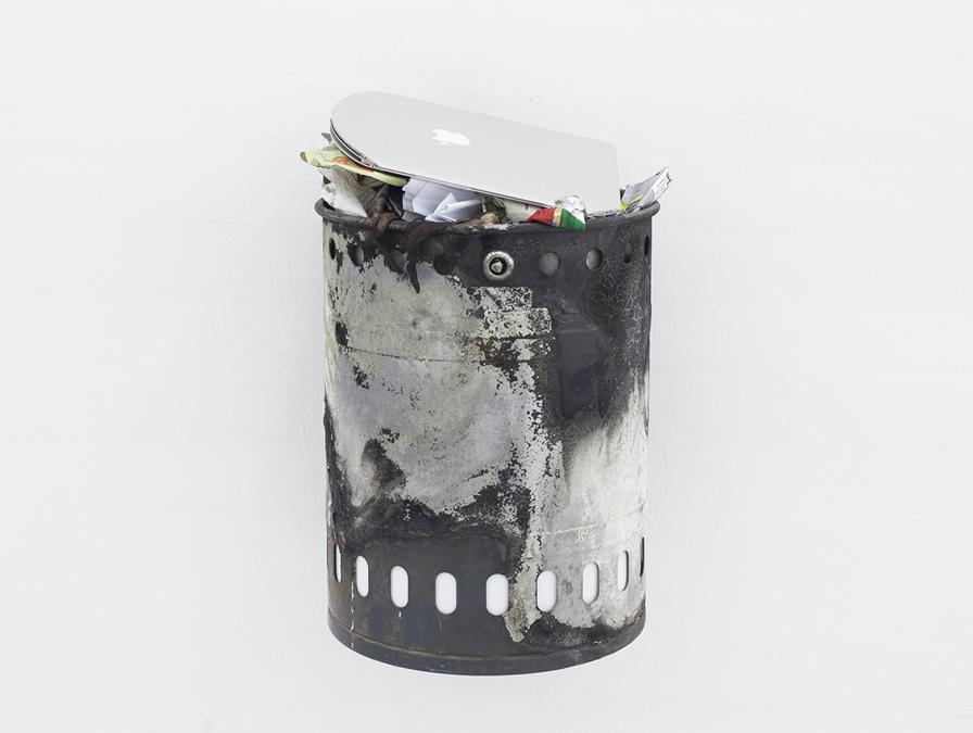 Jonas Roßmeißl - O.4 (How to measure the quality of life after a revolution), 2018 - waste bins from public space (burnt paint, individual markings), various types of waste, microelectric level sensor, LED level indicator (white/red), water-jet cut Macbook Air - 60 x 40 x 40 cm (Courtesy of the artist and Klemm’s, Berlin)