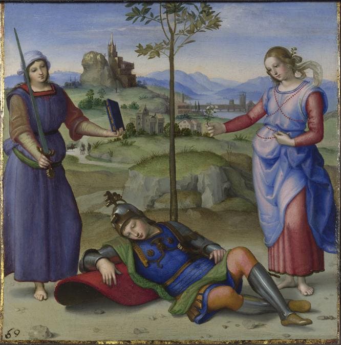 Raphael- - An Allegory (’Vision of a Knight’)  - about 1504  - Oil on poplar  - 17.1 x 17.3 cm (© The National Gallery, London)