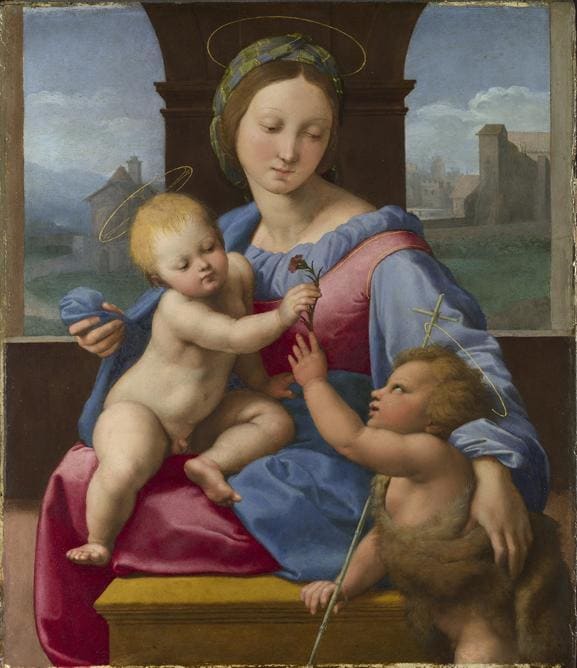 Raphael - The Madonna and Child with the Infant Baptist (The Garvagh Madonna)  - Short title: The Garvagh Madonna - about 1509-10  - Oil on wood  - 38.9 x 32.9 cm  (© The National Gallery, London) 