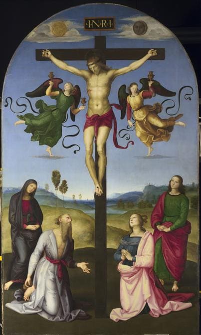 Raphael - The Crucified Christ with the Virgin Mary, Saints and Angels (The Mond Crucifixion)  - Short title: The Mond Crucifixion  - about 1502-3  - Oil on poplar  - 283.3 x 167.3 cm (© The National Gallery, London)