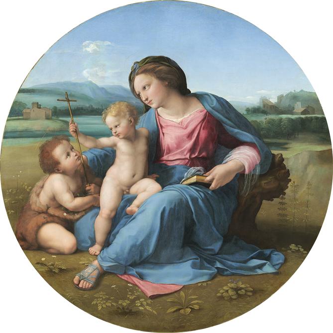Raphael - The Virgin and Child with the Infant Saint John the Baptist (‘The Alba Madonna'), about 1509–11  - Oil on wood transferred to canvas, 94.5 cm diameter  - National Gallery of Art, Washington, DC, Andrew W. Mellon Collection (1937.1.24) - Courtesy National Gallery of Art, Washington