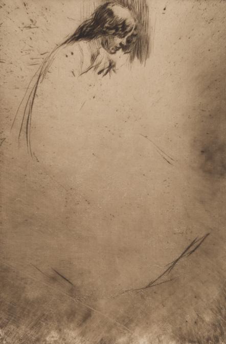 James Abbott McNeill Whistler, Jo’s Bent Head, 1861. Drypoint, printed in dark brown ink on laid paper, 32.1 x 19.4 cm. Collection of the University of Michigan Museum of Art, Ann Arbor, Michigan. Bequest of Margaret Watson Parker