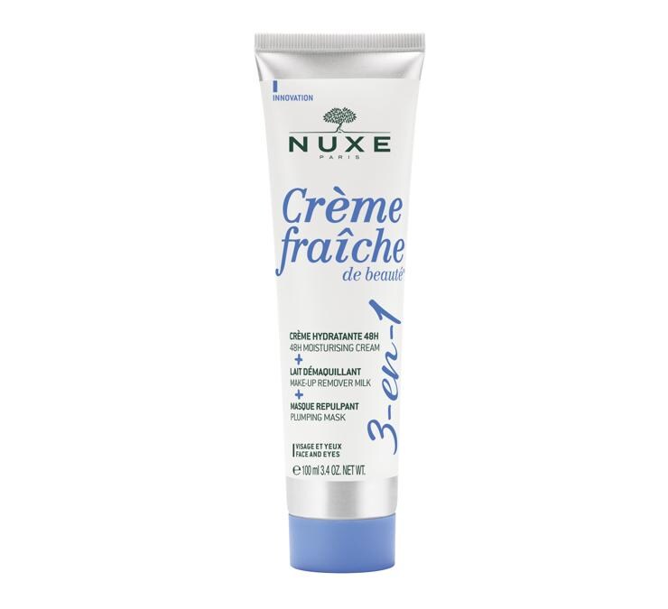 Nuxe Crème Fraîche de beauté 3–en-1. Un cosmetico innovativo che svolge 3 azioni: idratante, struccante e funge da maschera. Formulato con il 98% di ingredienti naturali. Ideale per il viaggio