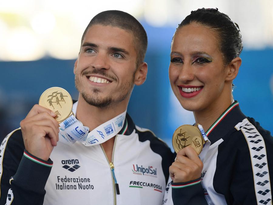 13 agosto - Nuoto sincronizzato - Lucrezia Ruggiero e Giorgio Minisini - oro - duo misto tecnico. (Photo by Filippo Monteforte / AFP)