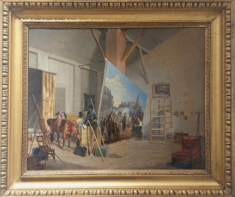 Felice Cerruti Bauduc. Torino 1818-1896. Atelier con pittore al lavoro sul Combattimento di Sommacampagna. Olio su tela, cm 52x65. Comprato dagli Uffizi da APallesi Art Gallery 