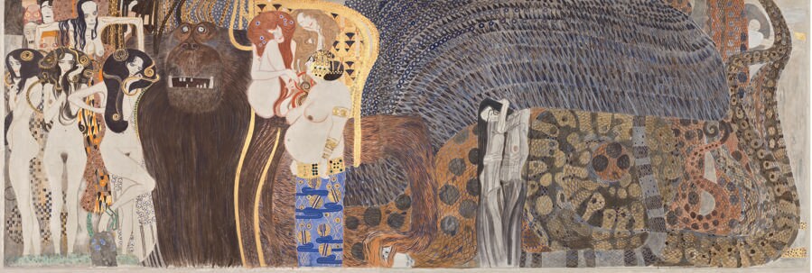 Gustav Klimt, Beethoven Frieze (detail), 1901-02, Casein colours, stucco, pencil, applications of various materials (glass, mother-of-pearl, etc.), gold trim on mortar, 216 x 3438 cm, Belvedere, Vienna, permanent loan in the Secession, Vienna