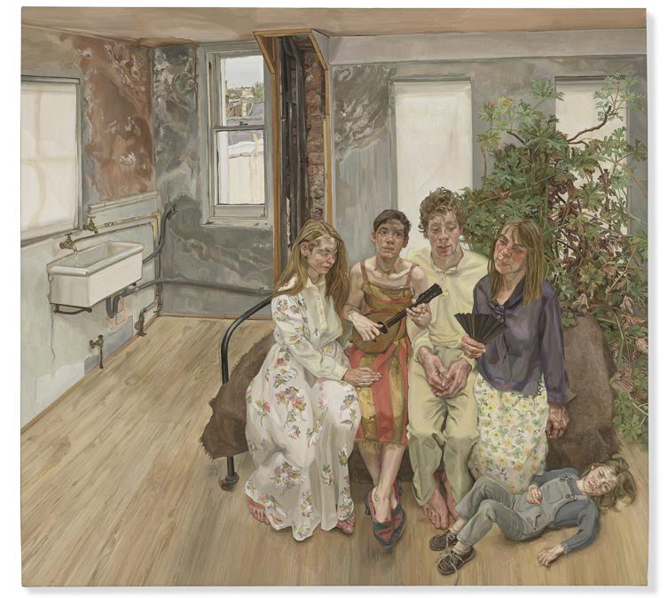 LUCIAN FREUD (1922-2011). Large Interior, W11 (after Watteau) oil on canvas 72 ¼ x 78 in. (185.4 x 198.1 cm.). Painted in 1981-1983. Estimate on request, in excess of $75,000,000