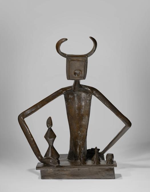 MAX ERNST (1891-1976). Le roi jouant avec la reine, signed ’Max Ernst’ (on the front) bronze with brown patina. Height: 39 1/2 in. (100.5 cm.). Conceived in 1944 and cast in 1953-1961. $8,000,000-12,000,000