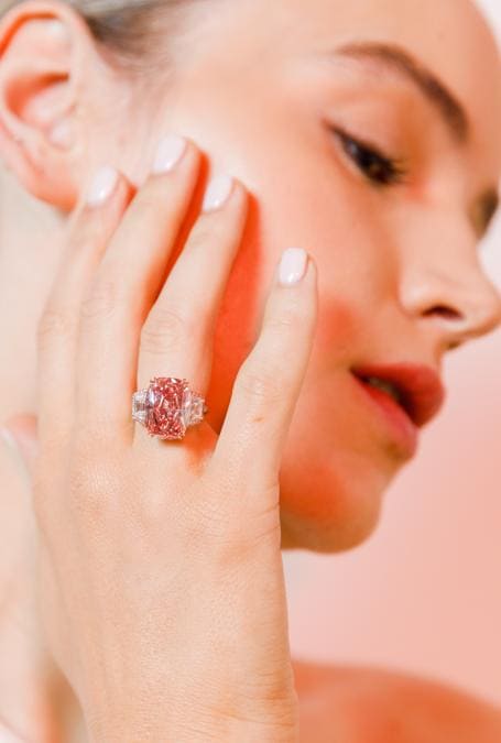 The Williamson Pink Star, A Magnificent Fancy Vivid Pink Diamond and Diamond Ring. (Photo by Tristan Fewings/Getty Images for Sotheby's)