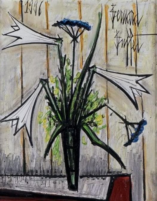 BERNARD BUFFET (1928-1999) Vaso di gigli e ombrelle, 1996 Olio su tela Firmato in alto a destra e datato in alto a sinistra 65 x 50 cm Risultato: 113.125 euro@Osenat 
