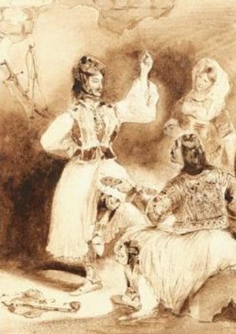 Eugène Delacroix Charenton-Le-Pont, 1798 - 1863, Paris Musicista e ballerino greco Penna, inchiostro marrone e acquerello marrone Firmato in basso a sinistra E. Delacroix 18,9 x 13,4 cm Questo disegno non è stato presentato al Comitato Delacroix. ©Aguttes, Neuilly-sur-Seine 