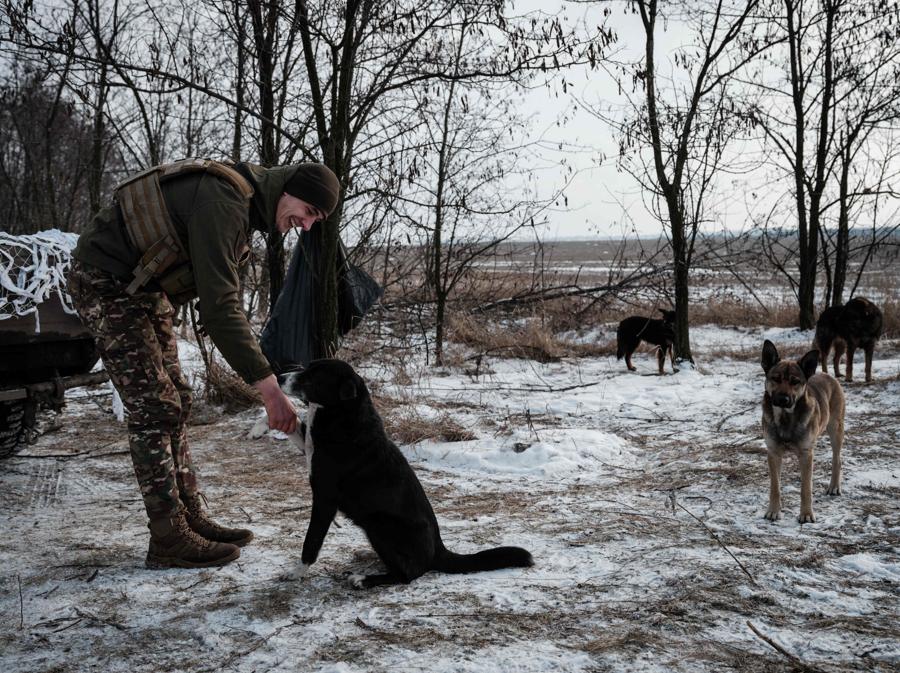 Un militare ucraino dell’unità di artiglieria dell’80a brigata d’assalto aereo gioca con un cane randagio vicino a Bakhmut. (Photo by YASUYOSHI CHIBA / AFP)