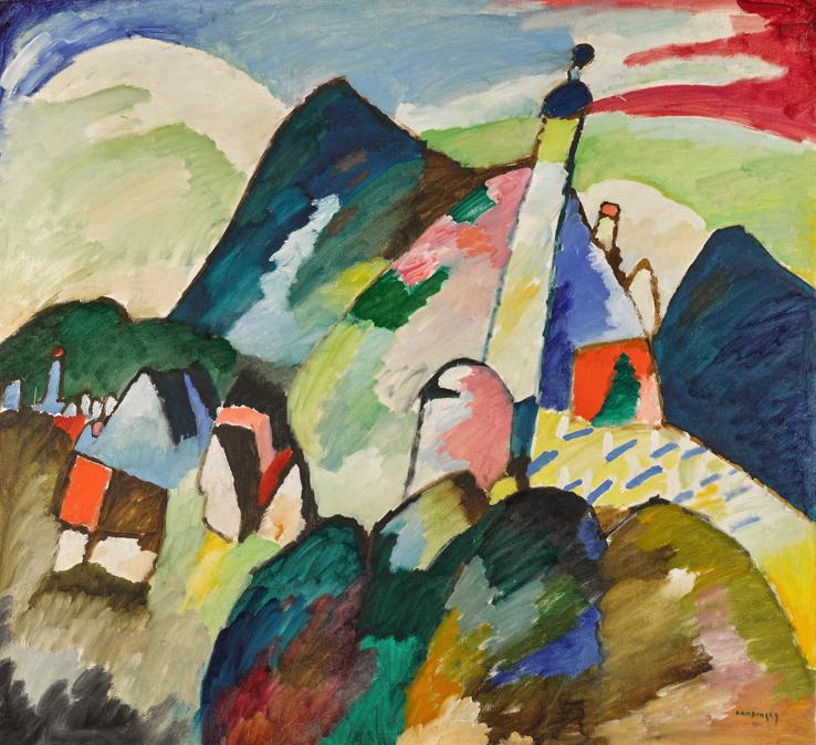 Property from the Collection of Johanna Margarete and Siegbert Stern Wassily Kandinsky (1866 - 1944) Murnau mit Kirche II (Murnau with Church II) signed Kandinsky and dated 1910 (lower right); inscribed by Gabriele Münter on the stretcher. Oil on canvas,96 by 105.5 cm. 37¾ by 41½ in. Executed in 1910. Estimate:Upon Request