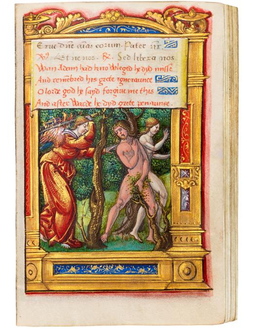 Maestro di  François de Rohan, «Book of Hours», Paris, 1532  «Cacciata di Adamo ed Eva dall' Eden». Da Jörn Günther, libri rari 