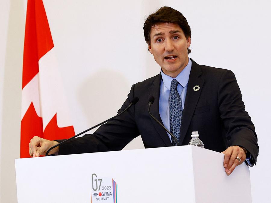 Il primo ministro canadese Justin Trudeau durante una conferenza nell’ultimo giorno del G7. (Reuters)
