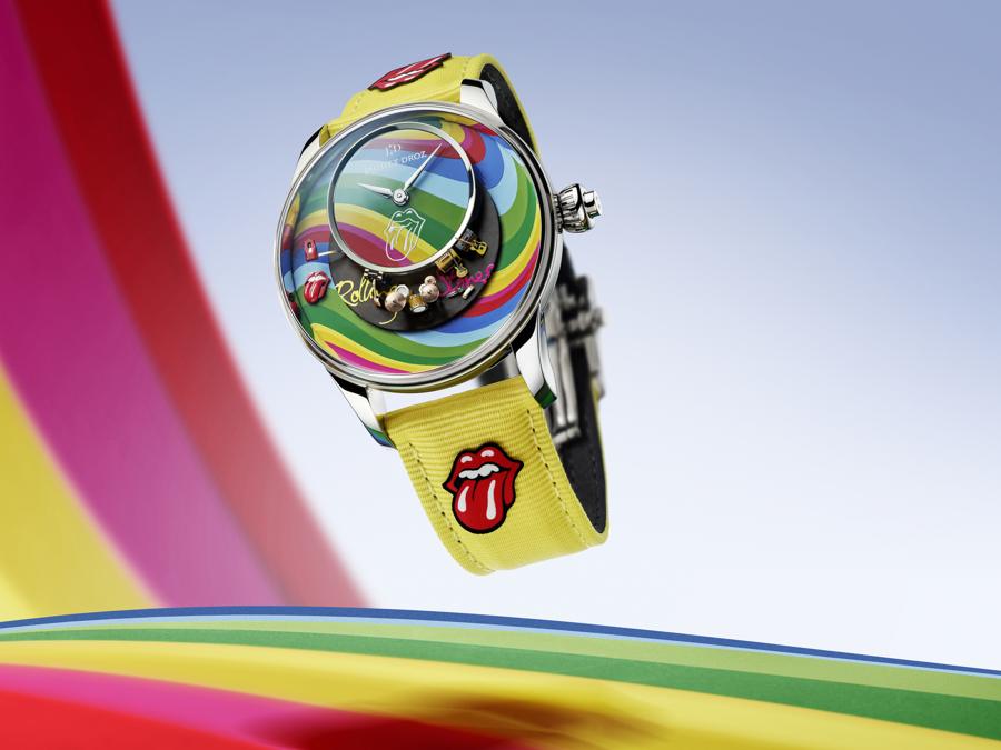 Jaquet Droz. The Rolling Stone Automaton – Only Watch 2023, orologio con un'animazione colorata che mostra l'attrezzatura (realizzata a mano) della mitica band inglese (255.000 – 306.000 euro circa la stima). 