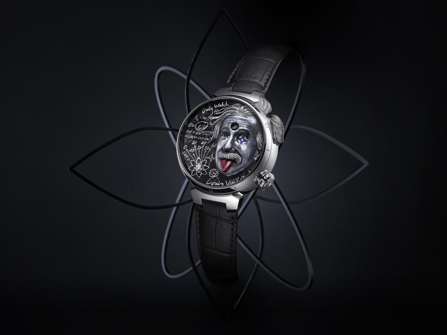 Louis Vuitton. Tambour Einstein Automata – Only Watch 2023 mostra sul quadrante una microscultura che riproduce l'iconica foto con protagonista il grande fisico Albert Einstein. (347.000 – 450.000 euro circa la stima).