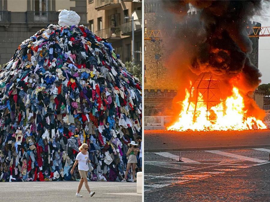 In una combo la 'Venere degli stracci, l'installazione di arte contemporanea realizzata dall'artista Michelangelo Pistoletto, come era prima del rogo (S) e avvolta dalle fiamme (D), in piazza Municipio a Napoli. (ANSA)
