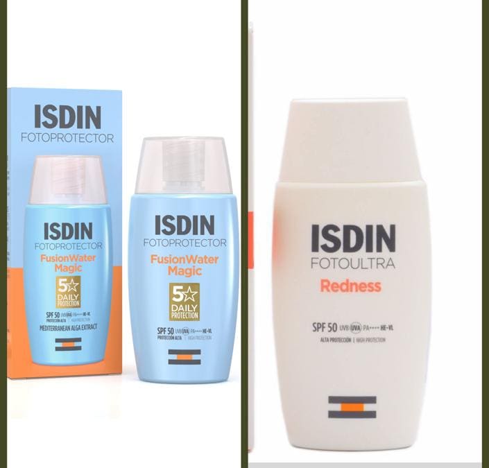 Fusion Water Magic Spf 50 Isdin, un solare che si fonde perfettamente con la pelle, ricco di acido ialuronico, vitamine E e un'alga del Mar Mediterraneo ad azione antiossidante. Il brand spagnolo ha messo a punto anche Fotoultra Redness spf 50 un solare viso dedicato alle pelli che si arrossano facilmente