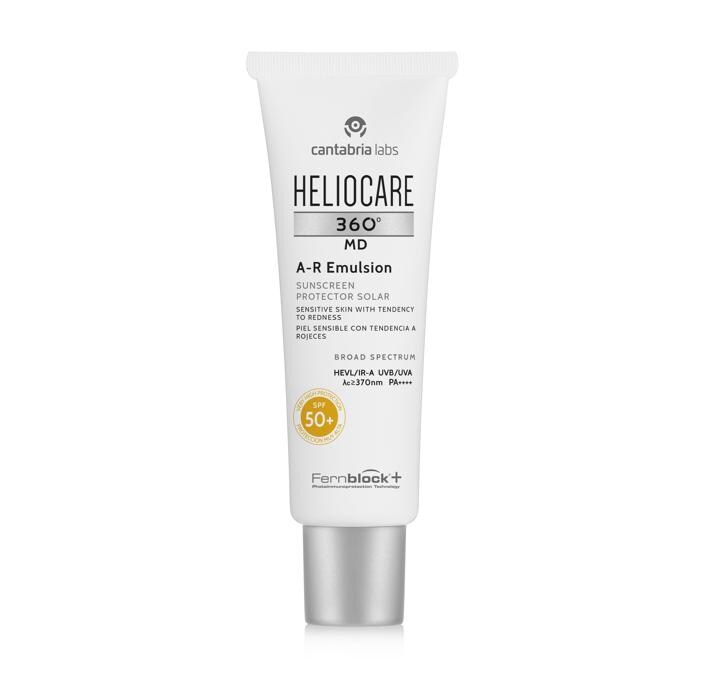 HELIOCARE 360º MD A_R Emulsion Spf 50+ di Cantabria Labs, per le pelli sensibili con tendenza alla rosacea. Arricchito da un estratto naturale per un'intensa azione riparatrice. Assicura una fotoprotezione molto alta contro UVB, UVA, Visibile, IR-A compresa la luce blu
