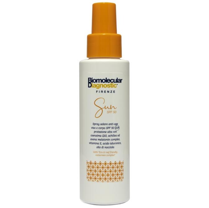 SPRAY SOLARE Spf 50 Bone Promoter distribuito da Biomolecular Diagnostic Firenze. Protegge viso&corpo dai raggi UV e dona un colorito intenso e uniforme. Nella formula: Q10, achillea, avena, melatonin complex, vitamina E, acido ialuronico e olio di nocciola