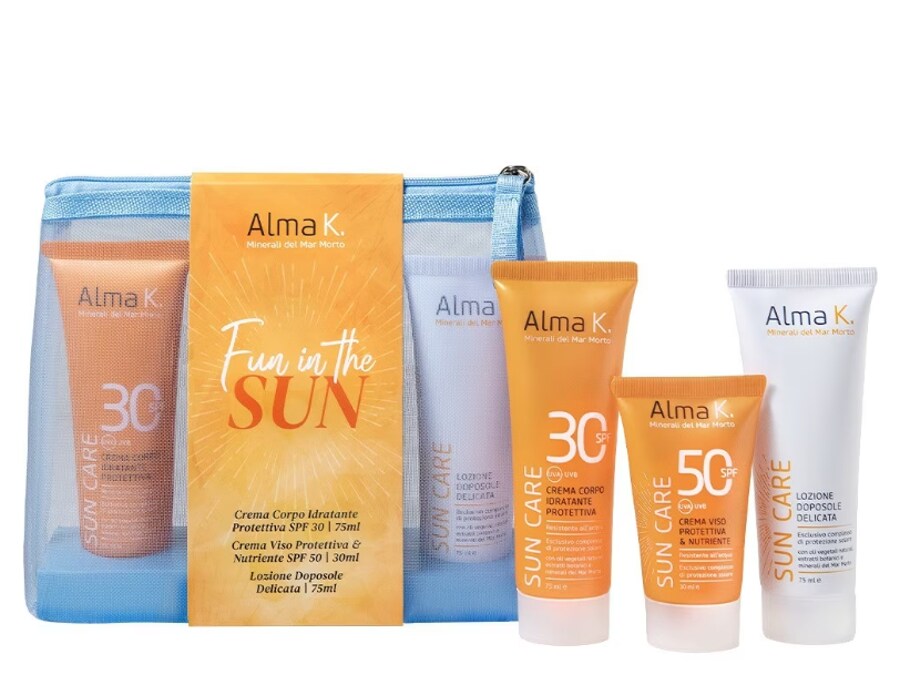 Alma K Fun in The Sun Kit, un pratico Kit da viaggio che contiene: protezione 30 corpo, protezione viso 50 e una lozione doposole (da Douglas e douglas.it)