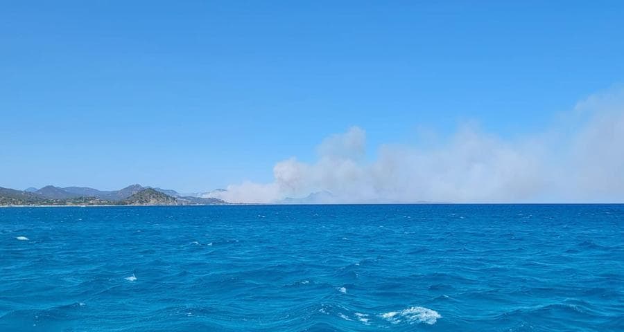 Primo bilancio per gli incendi che da questa mattina - anche favoriti dal forte maestrale - stanno bruciando le campagne del sud Sardegna. Gravissimi i danni nella zona di Feraxi: 4 aziende agricole sono state devastata dal fuoco che ha distrutto le riserve di foraggio accumulate. Fiamme anche sugli agrumeti e su una una fattoria modello, meta ogni anno di gite di numerose scolaresche. Le fiamme hanno minacciato anche alcune strutture ricettive ed è stato necessario evacuare gli ospiti. (ANSA/FABRIZIO FOIS)