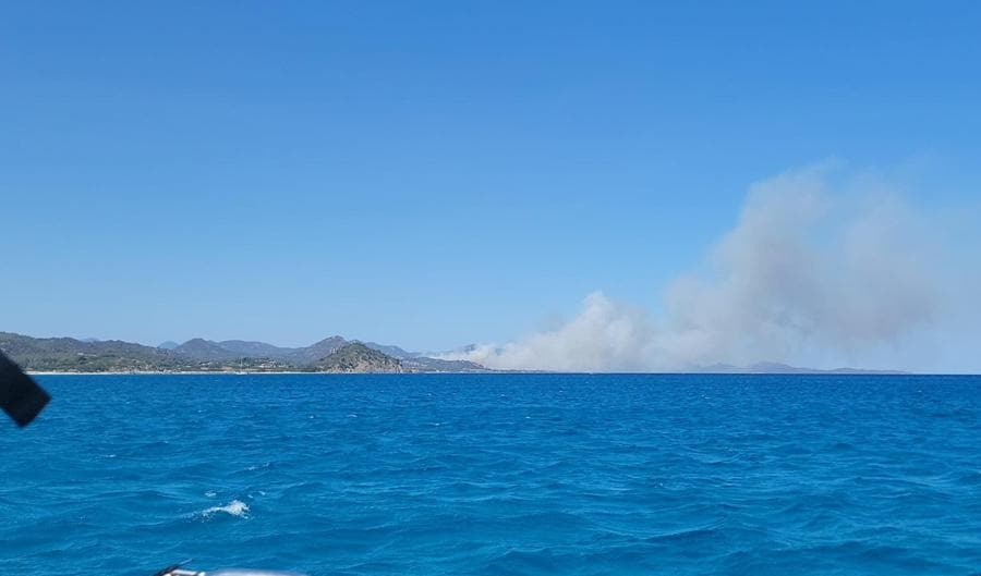 Primo bilancio per gli incendi che da questa mattina - anche favoriti dal forte maestrale - stanno bruciando le campagne del sud Sardegna. Gravissimi i danni nella zona di Feraxi: 4 aziende agricole sono state devastata dal fuoco che ha distrutto le riserve di foraggio accumulate. Fiamme anche sugli agrumeti e su una una fattoria modello, meta ogni anno di gite di numerose scolaresche. Le fiamme hanno minacciato anche alcune strutture ricettive ed è stato necessario evacuare gli ospiti. (ANSA/FABRIZIO FOIS)
