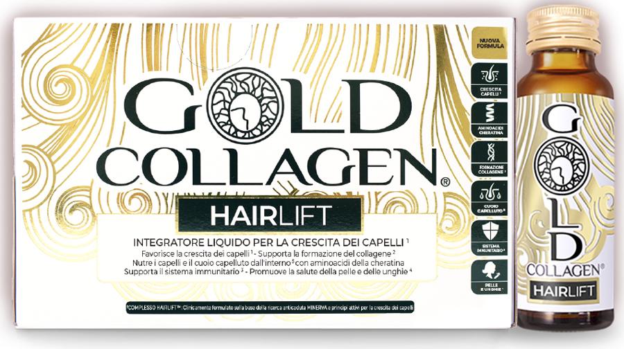 Gold Collagen Hair Lift di Minerva Research Labs al collagene liquido con keratina, biotina ed estratto di rucola per supportare la crescita dei capelli, forti, voluminosi e sani