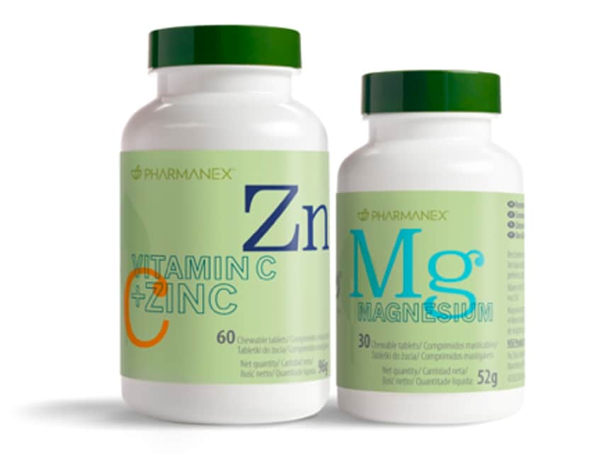 Pharmanex Vitamina C + Zinco & Pharmanex Magnesio di Nu Skin, sono compresse masticabili facili da assumere. Il primo contribuisce al corretto funzionamento del sistema immunitario, mentre Pharmanex Magnesio combatte la stanchezza. (www.nuskin.com ) 