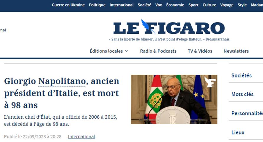 La notizia della morte del Presidente Emerito della Repubblica, senatore Giorgio Napolitano, 22 settembre 2023. (ANSA/Le Figaro)