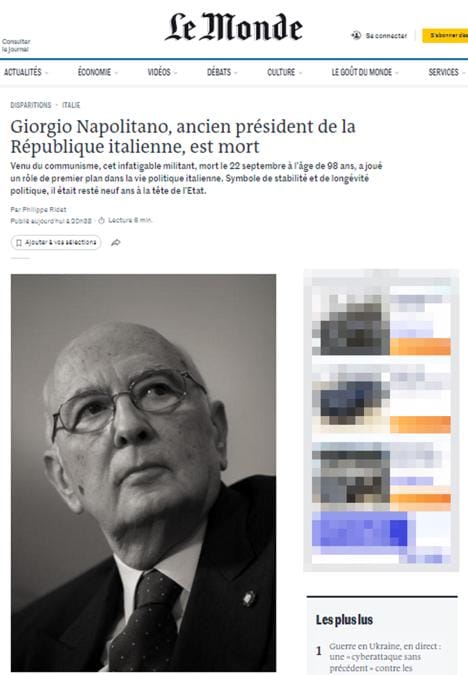 La notizia della morte del Presidente Emerito della Repubblica, senatore Giorgio Napolitano, 22 settembre 2023. (ANSA/Le Monde)